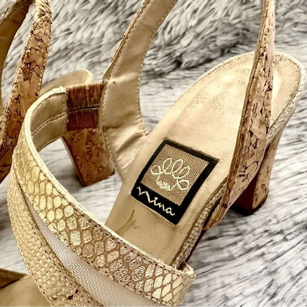 Nina Strappy Open Toe Heels in Gold & Tan Size: 8M